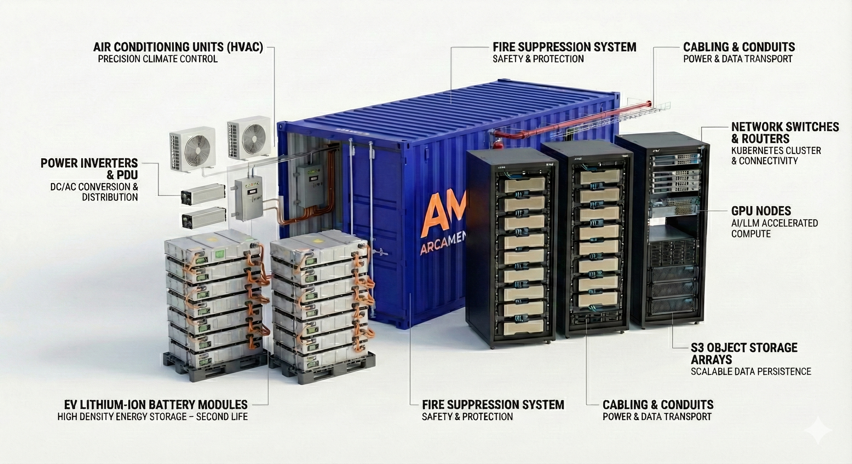 Arcamens Modular AI Data Center Components with GPUs and Batteries